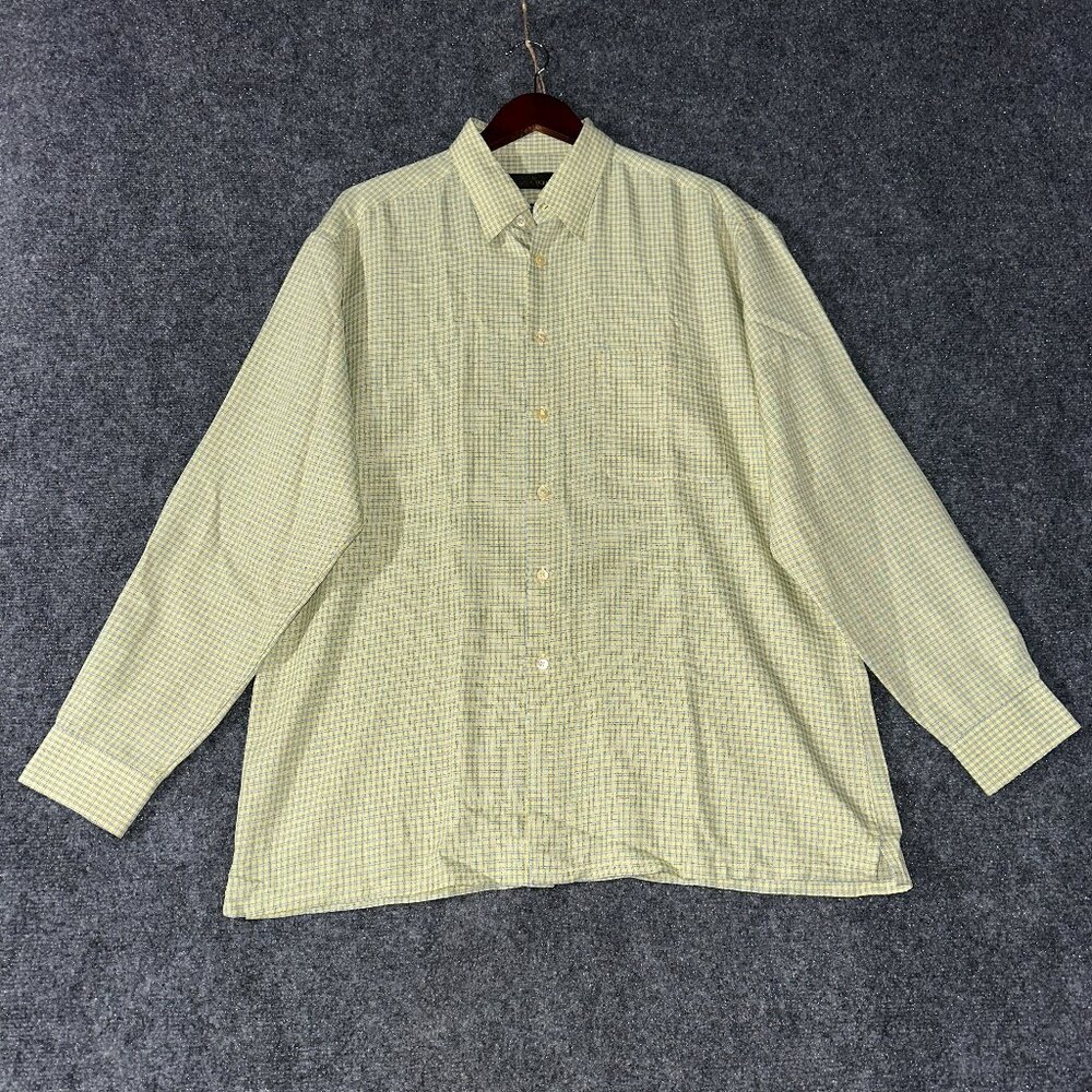 Bugatchi Uomo Shirt Mens Large  Button Up Yellow Blue Plaid Long Sleeve